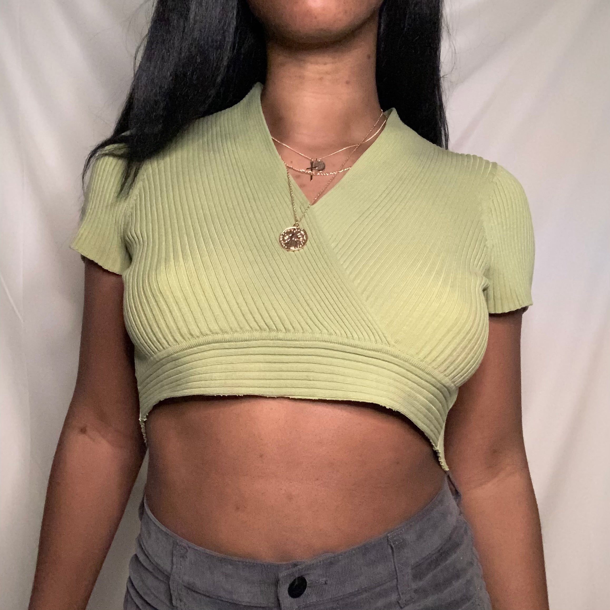 Cropped Olive Ribbed V-Neck