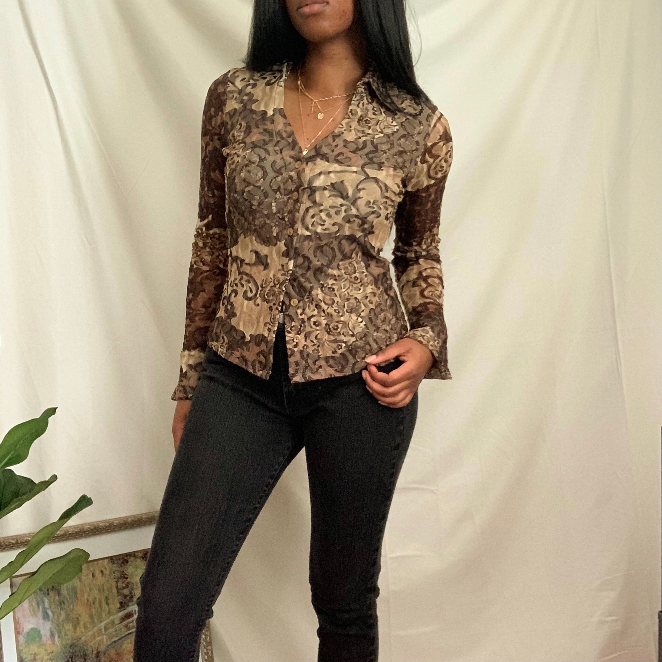 Brown Lace Floral Blouse